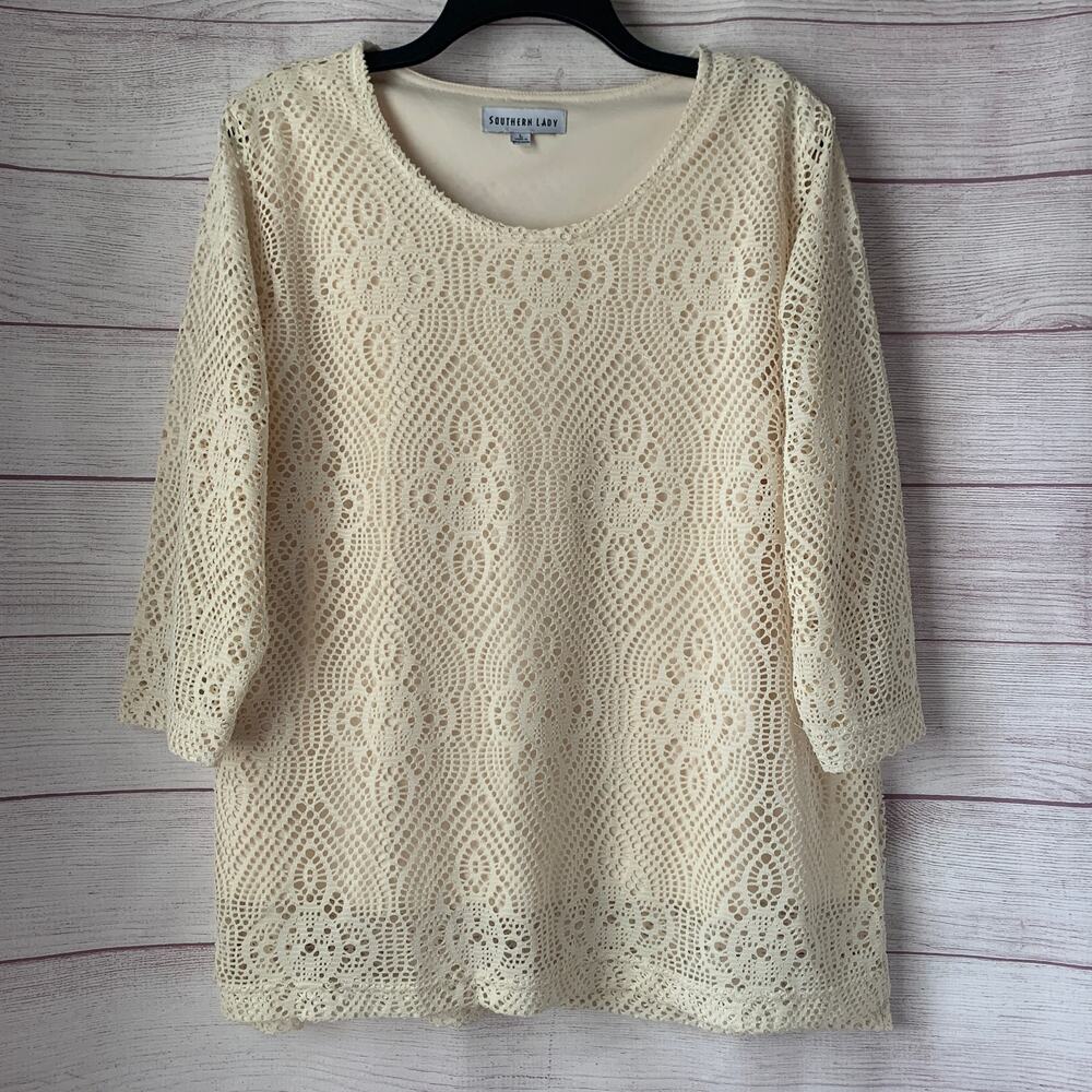Southern Lady Boho Ivory Crochet Lace Top 3/4 Length Sleeves Size Large